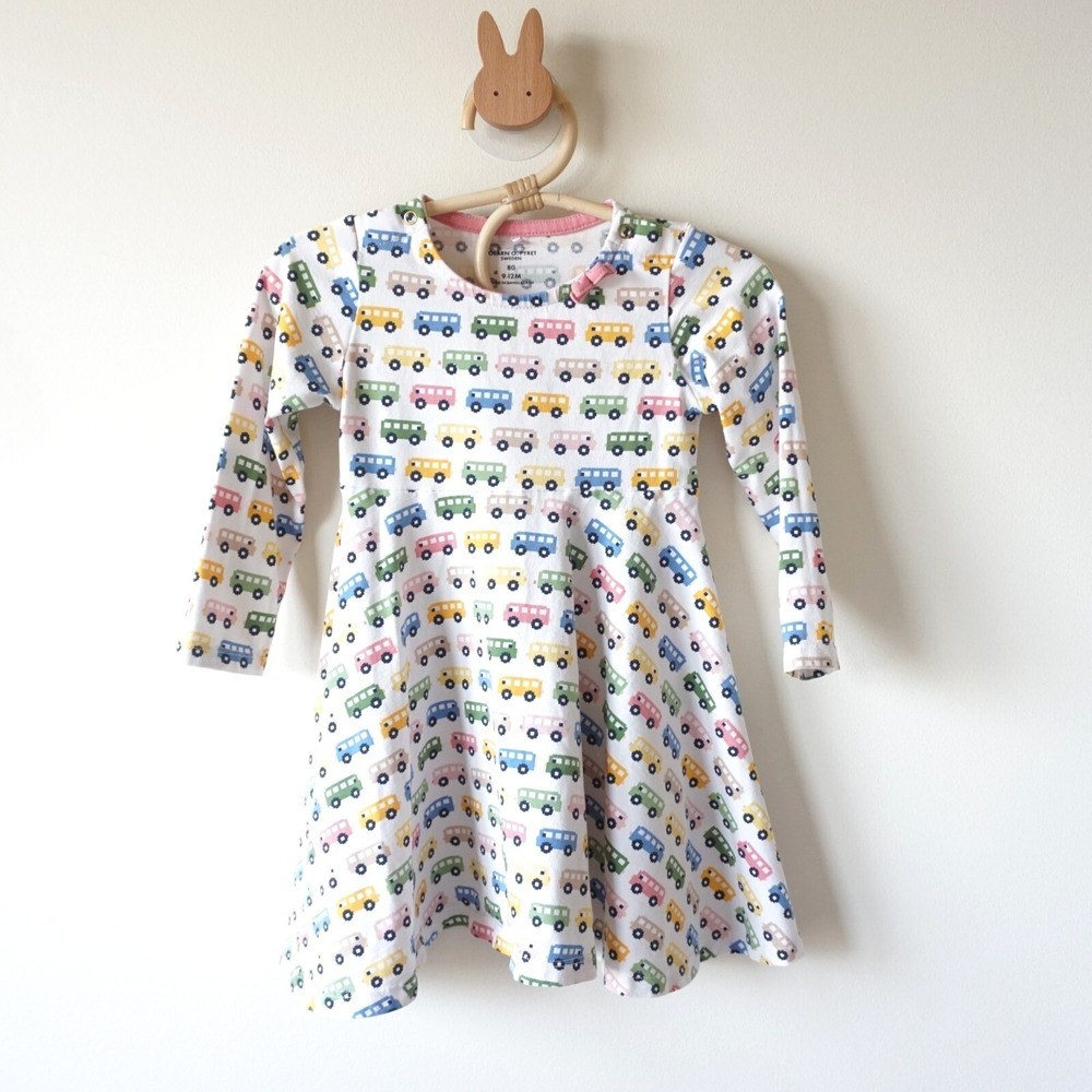 Polarn O. Pyret Bus Print Dress Baby 9-12M White Long Sleeve Organic Cotton